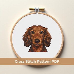 May include: A cross-stitch design of a long-haired dachshund dog, presented in a wooden embroidery hoop. The dog is brown with long, flowing fur. The text "Cross Stitch Pattern PDF" is at the bottom.