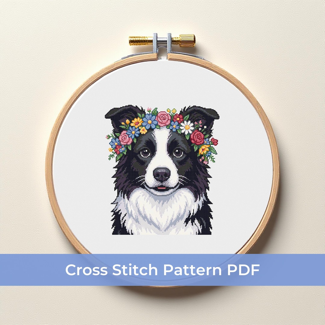 Border Collie Cross Stitch Pattern PDF, Dog With Flower Crown, Floral ...