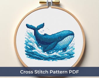 Whale Cross Stitch Pattern PDF, Ocean Animal Embroidery Design, Splashing Whale DMC Cross Stitch Pattern, Ocean Nursery Cross Stitch