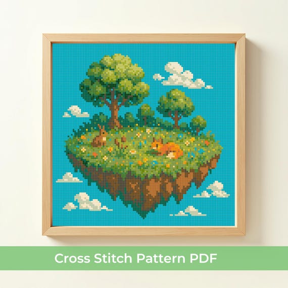 Floating Island Cross Stitch Pattern PDF, Dreamy Landscape Embroidery Design, Cute Fox and Bunny DMC Chart, Fantasy Nursery Stitch Design
