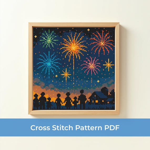 花火のクロスステッチパターンPDF、家族で花火を見る刺繍デザイン