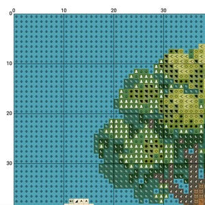 May include: A cross-stitch pattern featuring a detailed design with various symbols and colors. The pattern includes shades of blue, green, brown, and white, arranged in a grid-like format, ideal for needlecraft enthusiasts.