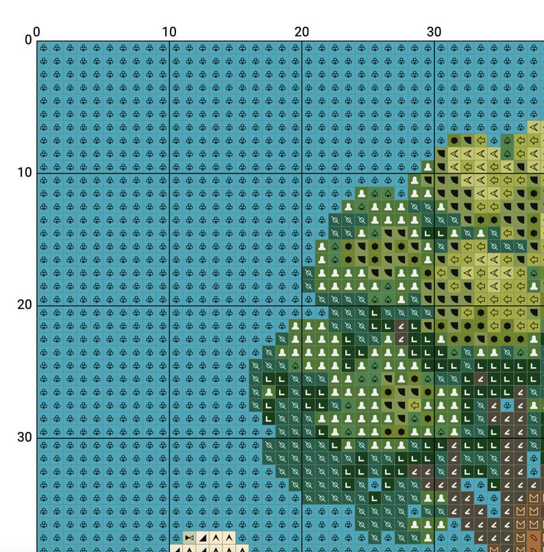 May include: A cross-stitch pattern featuring a detailed design with various symbols and colors. The pattern includes shades of blue, green, brown, and white, arranged in a grid-like format, ideal for needlecraft enthusiasts.