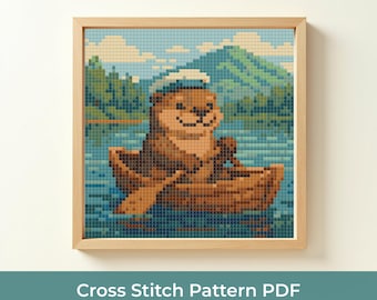 Cute Otter Cross Stitch Pattern PDF, Rowing Otter Embroidery Design, Cute Wildlife Cross Stitch Design, Nature Lover DMC Pattern