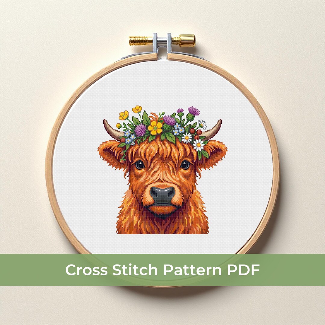Highland Cow Cross Stitch Pattern PDF, Floral Farmhouse Decor, Scottish ...
