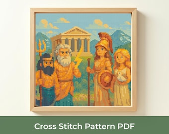 Cute Greek Gods Cross Stitch Pattern PDF, Olympus Mythology Embroidery Design, Zeus Poseidon Athena Aphrodite Cross Stitch, DMC Pattern