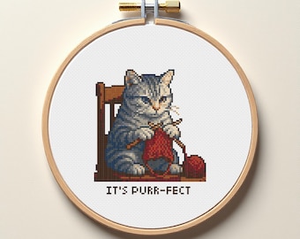Knitting Cat Cross Stitch Pattern PDF, Cute Tabby Cat Embroidery Design, Funny Cat Nursery Decor, DMC Pattern Instant Download