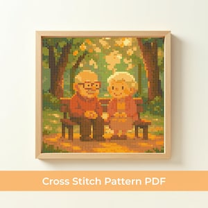 May include: A framed cross-stitch pattern depicts an elderly couple sitting on a park bench. The pixelated artwork features warm tones of orange, brown, and green, with the text "Cross Stitch Pattern PDF" at the bottom.