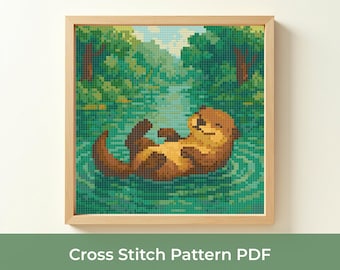 Cute Otter Cross Stitch Pattern PDF, Relaxing Otter Embroidery Design, Cute Wildlife Cross Stitch Design, Floating Otter DMC Pattern