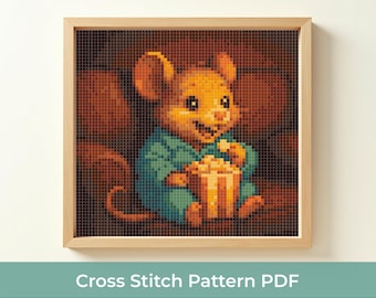Cute Mouse Cross Stitch Pattern PDF, Popcorn Snack Time Embroidery Design, Funny Animal Cross Stitch, Little DMC Cross Stitch Chart