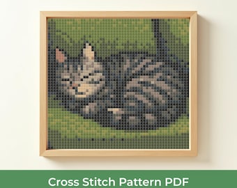 Sleeping Cat Cross Stitch Pattern, Tabby Cat Cross Stitch Design PDF, Cozy Cat DMC Chart, Animal Lover Gift, Cat on Chair Stitch Pattern