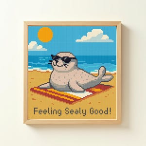 Seal Cross Stitch Pattern PDF, Funny Seal on Beach Cross Stitch Pattern, Summer Vacation Seal Embroidery, Chill Sea Animal Stitch Design