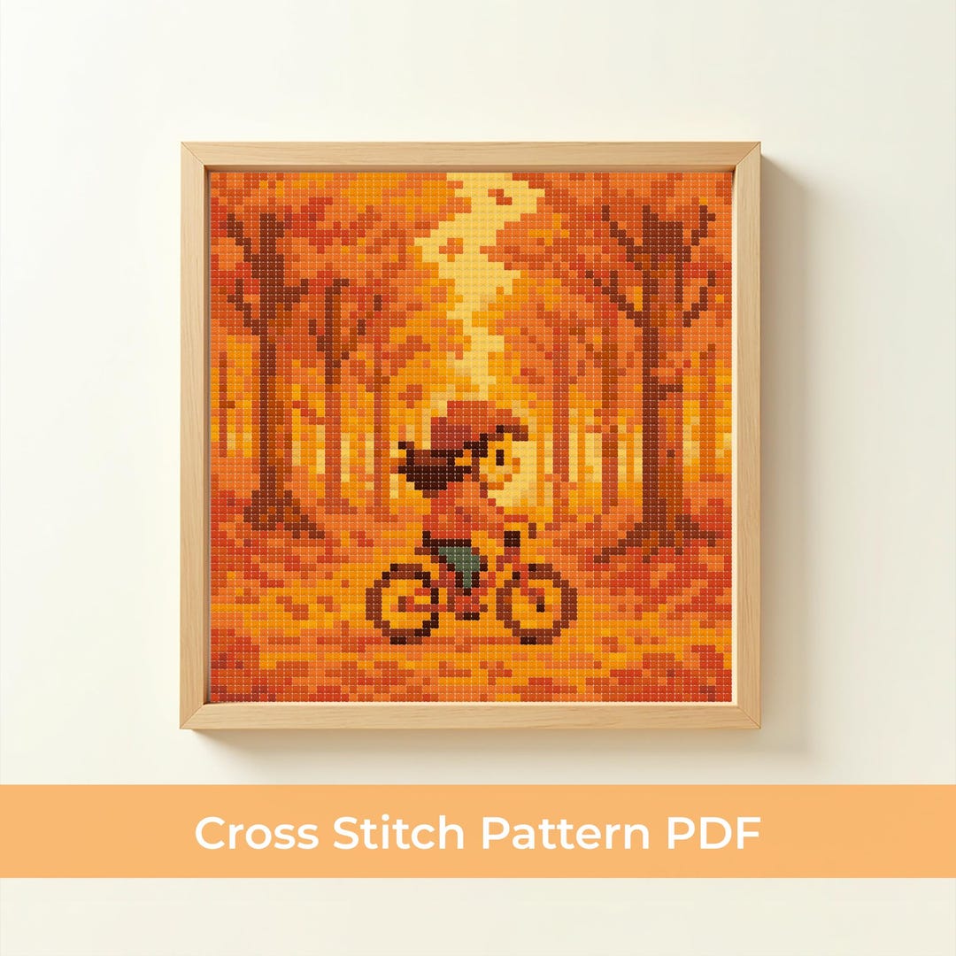 Autumn Cross Stitch Pattern PDF, Girl on Bike Fall Forest Embroidery ...