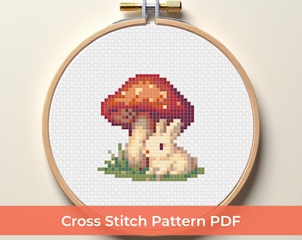 Kaninchen und Pilz Kreuzstichmuster PDF, Baby Kaninchen Kreuzstich Design, gemütliches Kaninchen Kinderzimmer Dekor, DMC Kreuzstichmuster
