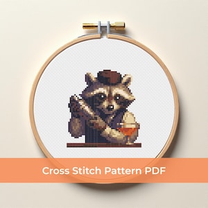 Raccoon Bartender Cross Stitch Pattern PDF, Vintage Cocktail Animal Embroidery, Funny Bar Decor, Raccoon DMC Stitch Pattern Instant Download