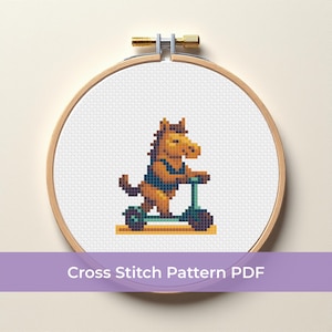 スクーターホースのクロスステッチパターン - 楽しいピクセル動物刺繍、PDFインスタントダウンロード、子供と初心者向けのかわいい馬の刺繍デザイン