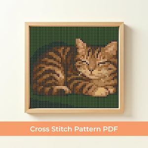 Korsstygnsmönster för sovande katt i PDF-format, broderidesign för mysig tabbykatt, broderidesign för avslappnande katt, DMC-diagram för mysig katt, present till djurälskare