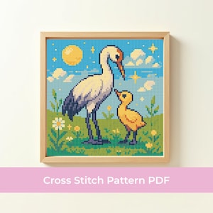 Crane and Chick Cross Stitch Pattern PDF, Spring Embroidery Design, Mother and Baby Bird Cross Stitch, Nursery Decor, Instant Download