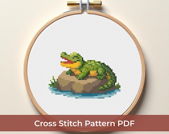 Schema punto croce con coccodrillo carino in PDF, disegno da ricamo con coccodrillo carino, schema punto croce con animali divertenti DMC, schema punto croce per principianti