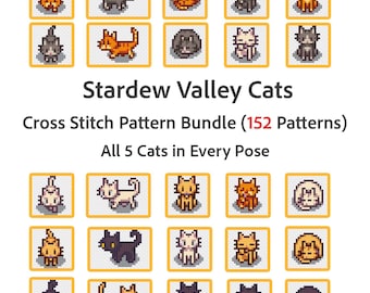 Stardew Valley Cats クロスステッチパターン PDF (152 パターン)、DMC カラー、即時ダウンロード