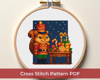 Patrón de punto de cruz de ardilla cascanueces, bordado de animales navideños, punto de ardilla adorable, bordado invernal, decoración de regalo navideño, gráfico DMC