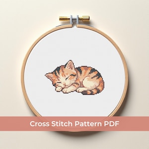 Korsstygnsmönster för sovande katt i PDF-format, broderidesign för söt kalikåkattunge, modern DIY-nålsöm, present till röd kattälskare, direktnedladdning
