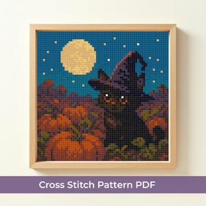 May include: A framed cross-stitch pattern depicting a black cat in a witch's hat amidst pumpkins, under a full moon and starry sky. The image is a PDF cross stitch pattern.