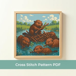 Beaver Family Cross Stitch Pattern PDF, Cute Beaver Embroidery Design, Woodland Animal Cross Stitch, Beaver Nature Scene Cross Stitch Chart