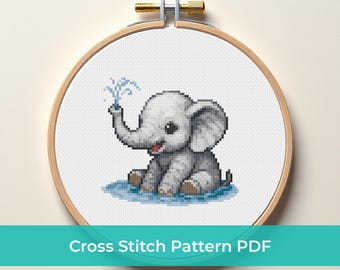 Baby Elephant Cross Stitch Pattern PDF – Cute Jungle Animal Embroidery Design, Water Splash Elephant Nursery Decor, Instant Download