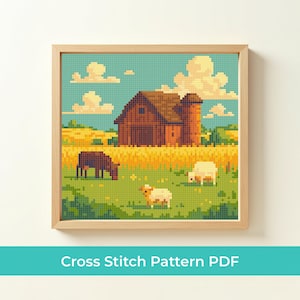 Farm Cross Stitch Pattern PDF, Barn and Field Embroidery Design, Cow and Sheep Cross Stitch Chart, Country Landscape Cross Stitch Design