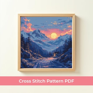 Sunset Mountain Cross Stitch Pattern PDF, Winter Landscape Cross Stitch Design, Instant PDF Download, Scenic Nature Pattern, DMC Color Chart