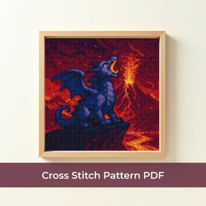 Epic Dragon Cross Stitch Pattern - Roaring Purple Dragon with Volcano, Fantasy Embroidery PDF, Fantasy Animal Cross Stitch, DMC PDF Download