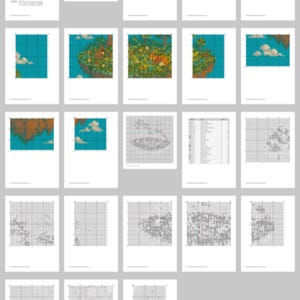 May include: A collection of cross-stitch patterns featuring a fantasy island scene with trees, grass, and clouds. The patterns are displayed on individual sheets of paper, with some showing the full design and others showing the grid for stitching.