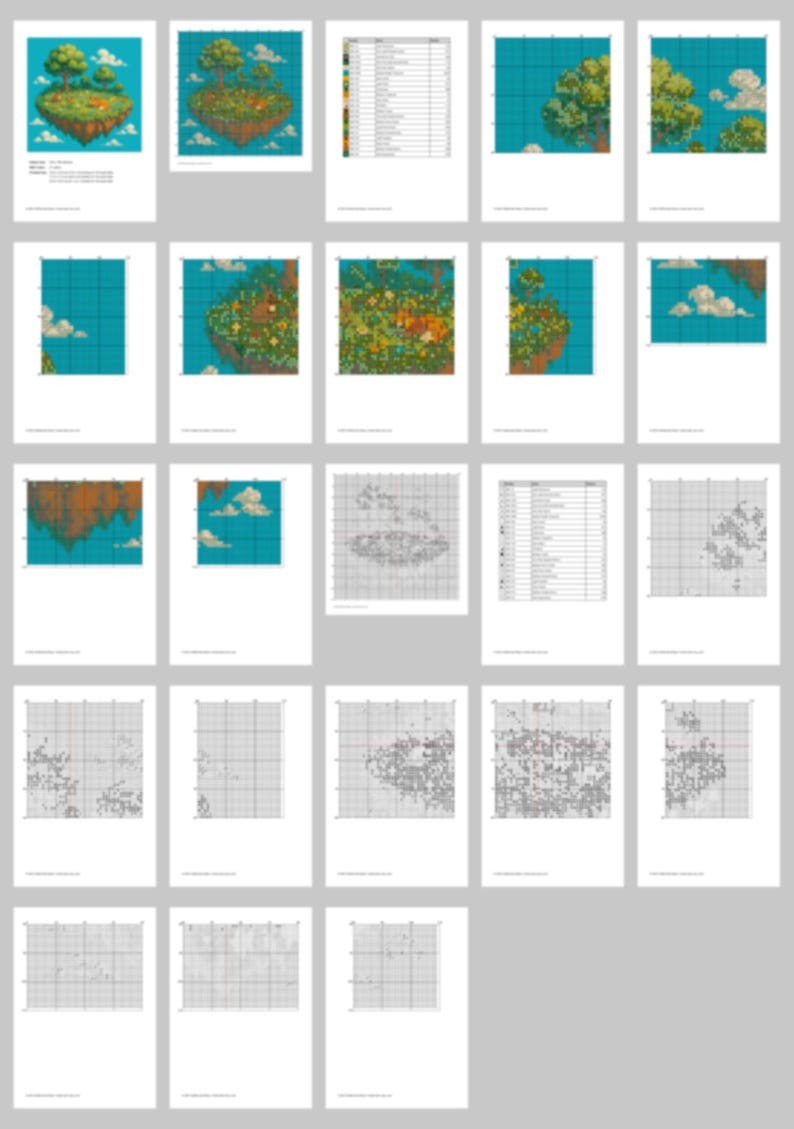 May include: A collection of cross-stitch patterns featuring a fantasy island scene with trees, grass, and clouds. The patterns are displayed on individual sheets of paper, with some showing the full design and others showing the grid for stitching.