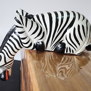 Hand-Carved Wooden Zebra Drinking Water Figurine 7", Artistic Home Decor, Perfect Gift, Eco-Friendly, Unique Zebra Sculpture