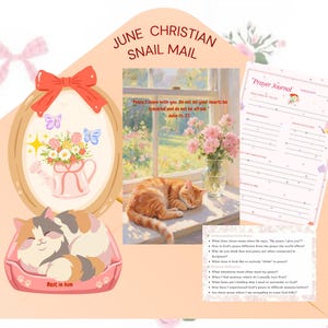 Peut inclure: Conception d'enveloppe illustrée avec le texte "June Christian Snail Mail". L'image comprend une illustration encadrée d'un arrosoir avec des fleurs et des papillons, un chat orange endormi et une page de "Prayer Journal".