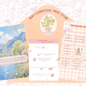 Könnte beinhalten: Eine Sammlung christlicher Schreibwaren. Das Bild zeigt einen Landschaftsdruck mit einem Bibelvers, ein Blatt mit Schrift und eine Bingo-Karte mit Aufforderungen. Das Design umfasst florale Elemente und Pastellfarben.