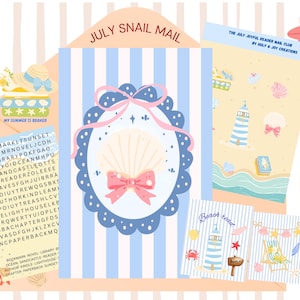 Peut inclure: Un ensemble de papeterie July Snail Mail comprenant une enveloppe à rayures bleues et blanches, une carte avec un coquillage central dans un cadre festonné, une grille de mots mêlés et des cartes illustrées avec des phares et des étoiles de mer.