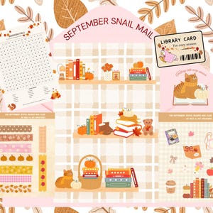 Peut inclure: Un ensemble de papeterie intitulé SEPTEMBER SNAIL MAIL avec un fond d'étagères remplies de livres, de citrouilles et d'un chat. Comprend un jeu de mots mêlés, des bandes de washi tape, une carte de bibliothèque et des autocollants automnaux.