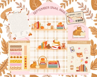 May include: A stationery set titled SEPTEMBER SNAIL MAIL featuring a background of shelves with books, pumpkins, and a cat. Includes a word search, washi tape strips, a library card, and stickers with autumn themes, all set against a background of brown leaves.