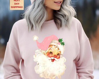 Retro Pink Santa Sweatshirt: Vintage Christmas Tee