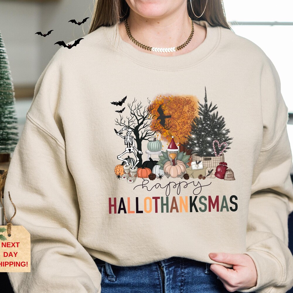 Happy Hallothanksmas Sweatshirt & Hoodie, Christmas Sweater, Halloween Sweater,Cute Halloween Tee Halloween Gift, Colorful Thanksgiving Tee Trendy Fashion