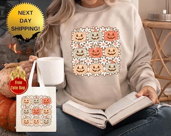 Retro Pumpkin & Flowers Sweatshirt: Groovy Halloween, Vintage Fall