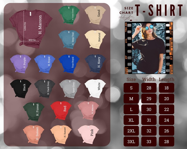May include: A size chart for t-shirts with different colors and sizes. The chart shows the width and length of each size in inches. The sizes are S, M, L, XL, 2XL, and 3XL.