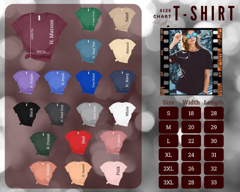 Op de afbeelding: Een collectie t-shirts met korte mouwen in diverse kleuren waaronder kastanjebruin, groen, zand, blauwgroen, naturel, paars, koningsblauw, marineblauw, zwart, grijs, wit, rood, roze en zonsondergang. Inclusief maattabel met afmetingen in centimeters.