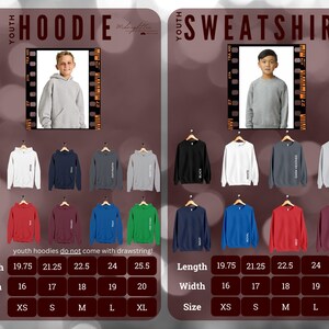 May include: A size chart for youth hoodies and sweatshirts. The chart shows the length and width of each size in inches, as well as the corresponding size in XS, S, M, L, and XL. The chart also includes a note that youth hoodies do not come with a drawstring.