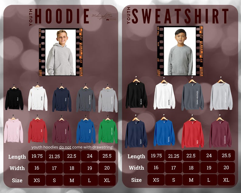 May include: A size chart for youth hoodies and sweatshirts. The chart shows the length and width of each size in inches, as well as the corresponding size in XS, S, M, L, and XL. The chart also includes a note that youth hoodies do not come with a drawstring.