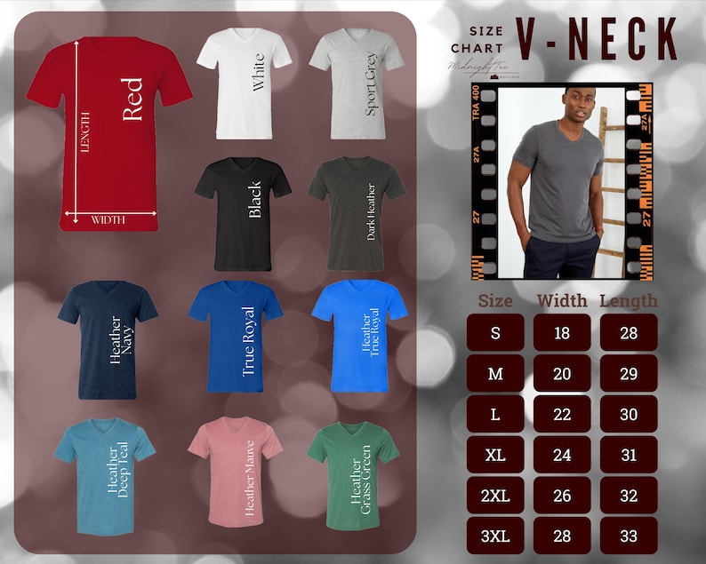 Op de afbeelding: Een V-hals t-shirt kleurenkaart met elf kleuropties, waaronder rood, wit, sportgrijs, zwart, donkergrijs, marineblauw, koningsblauw, koningsblauw gem&ecirc;leerd, petrol, mauve en grasgroen, inclusief een maattabel voor de verschillende t-shirts.