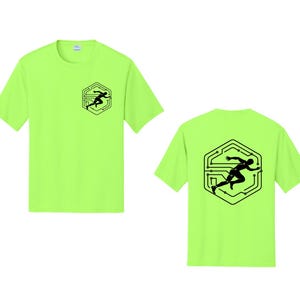 May include: Neon green t-shirts with a black graphic of a running figure inside a hexagonal circuit board design. The design is on the front left chest and the back of the shirt. The shirts have short sleeves and a crew neck.