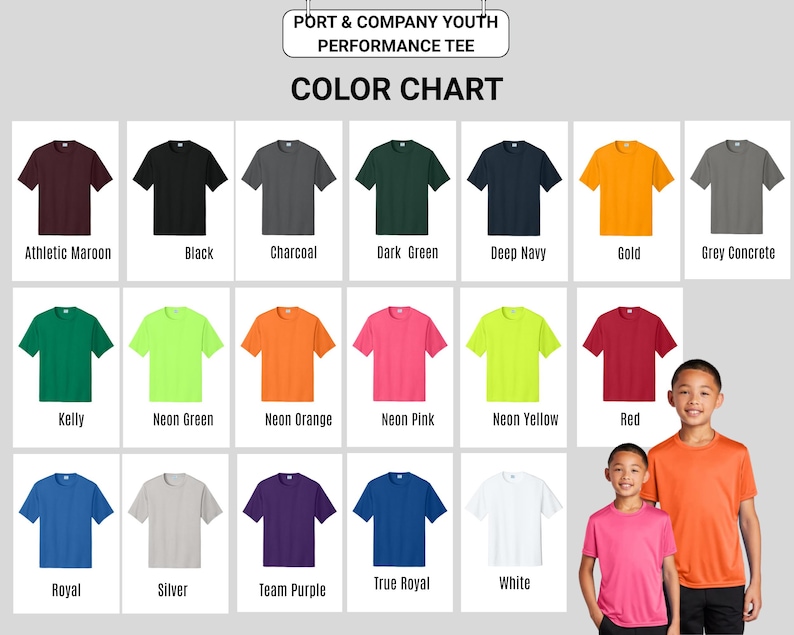 May include: A color chart displays various youth performance t-shirts from Port & Company. The shirts are shown in a variety of colors, including maroon, black, charcoal, dark green, deep navy, gold, and grey. Additional colors include neon green, neon orange, neon pink, and red.